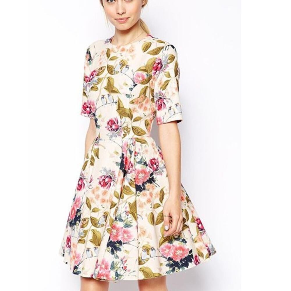 ASOS Skater Dress Womens Size 12 Cream Multicolor Floral & Bird Print Cottage